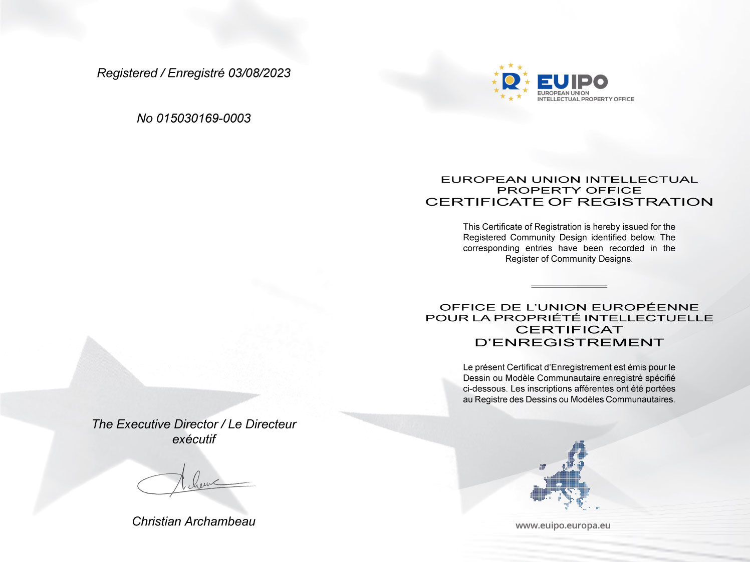 European Union Intellectual Property Office Certificate Of Registration No 015030169-0003